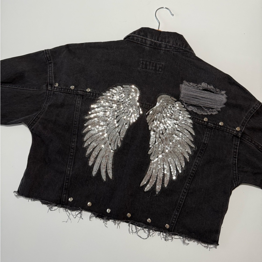 Black denim jacket with silver wings, studs handcrafted handmade denim